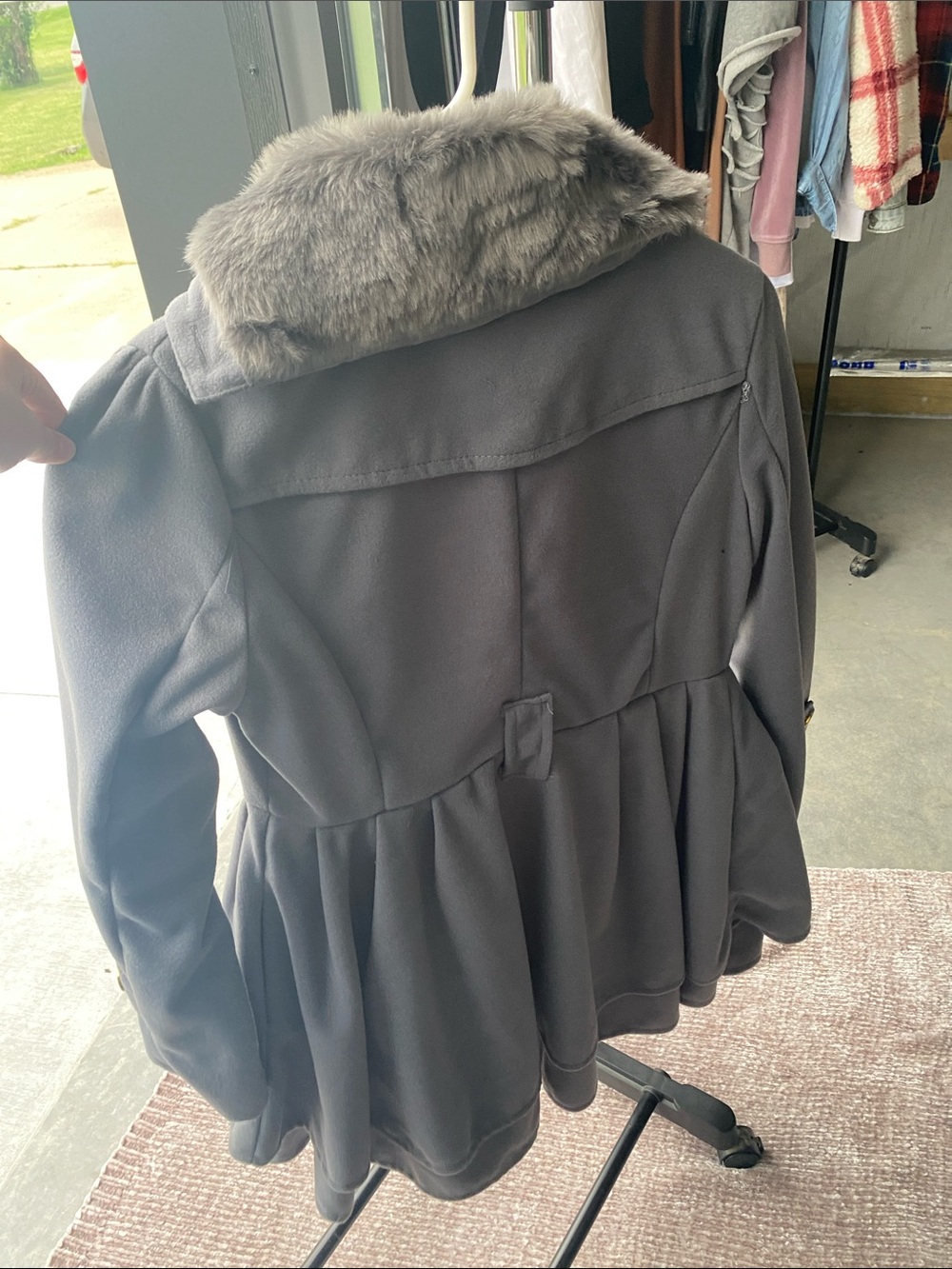 Women's Gray Peplum Coat with Faux Fur Collar